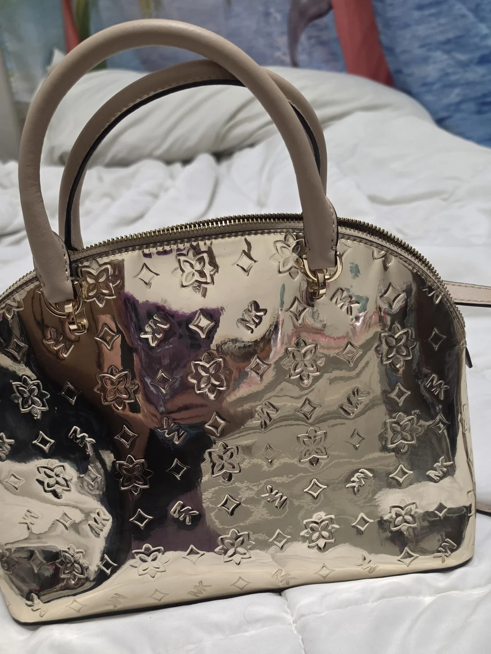 Michael Kors Rose Gold Dome Satchel with Blush Handles